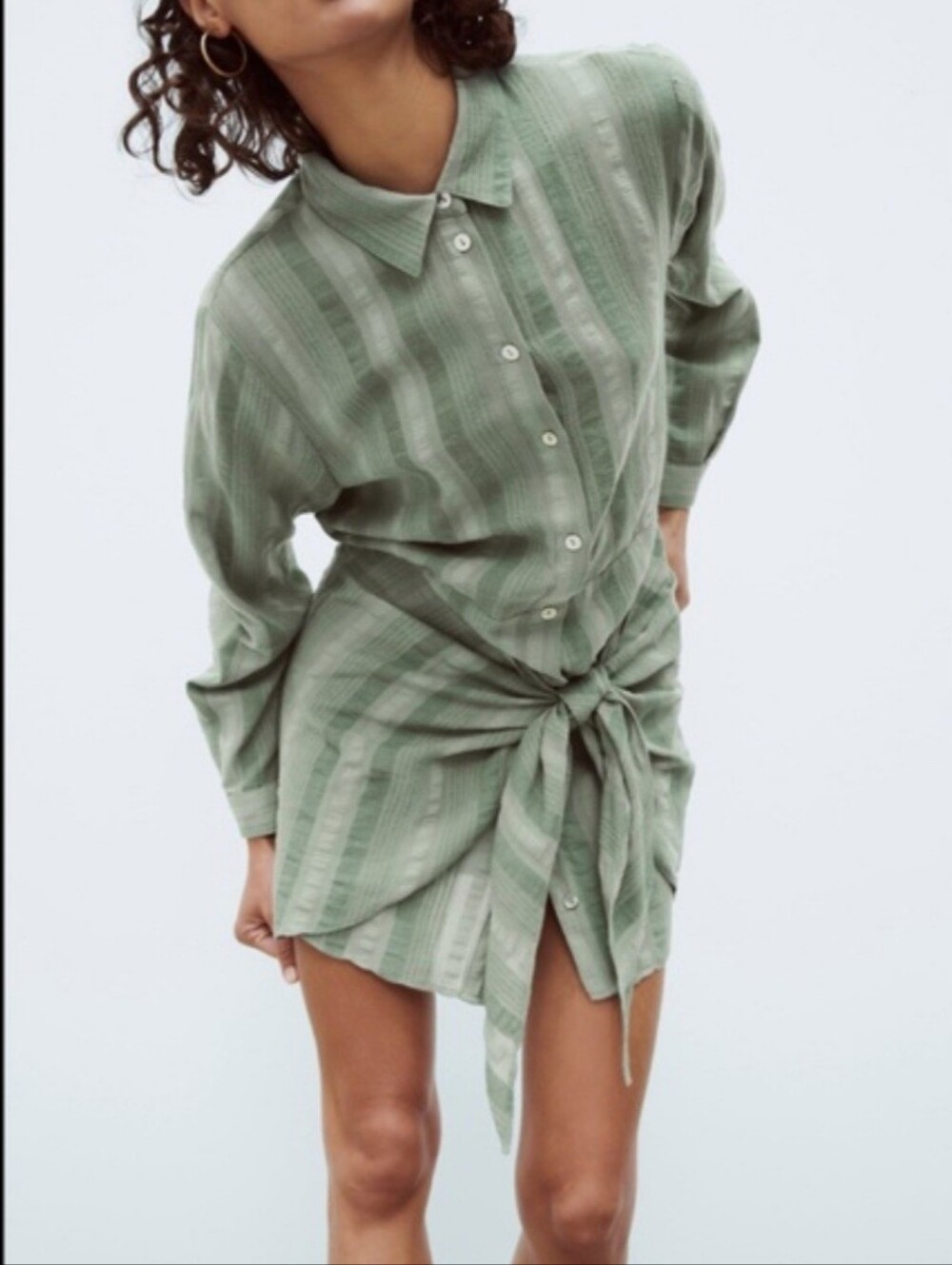 Zara The Zoe Dress Sage Green Striped Shirt Wrap Dress Size Medium